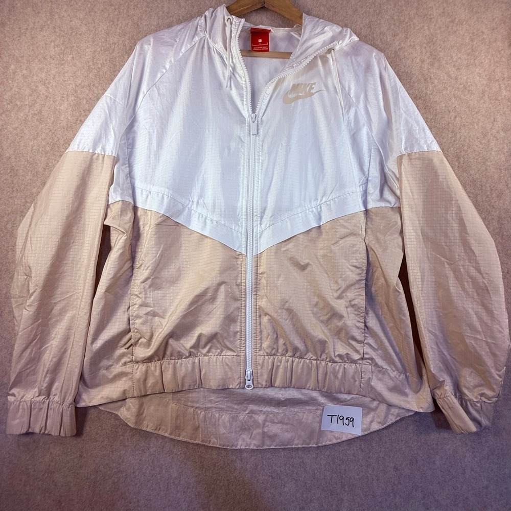 Nike Windrunner Jacket Womens Large White Beige Colorblock Ripstop Windbreaker
